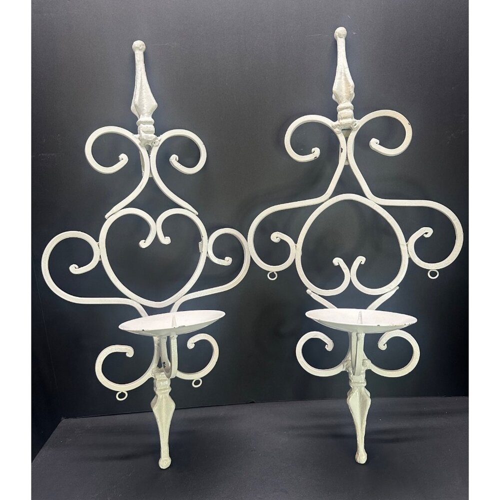 Vtg Wall Candle Sconces Painted White Wrought Style Iron Metal 19" Tall Set of 2